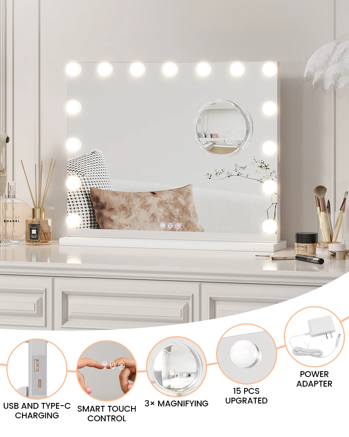 

19-дюймовое большое круглое косметическое зеркало с подсветкой, круглое светодиодное зеркало для макияжа, зеркало для макияжа с подсветкой, 3 цвета с регулируемой яркостью для спальни