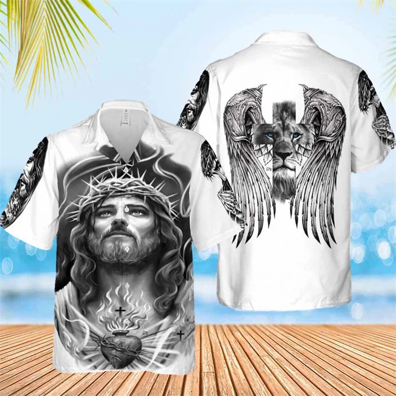 Jesus Take My Hand Jesus Is My Savior Hawaiian Shirts Mens Womens Lion Cross Beach Shirts Summer Cool Floral Shirt Tops Clothes