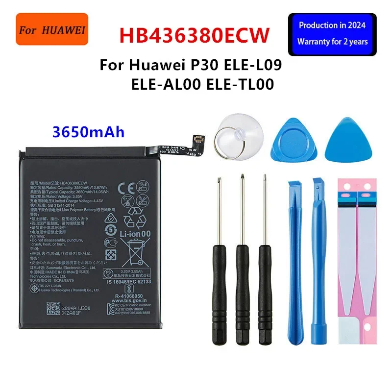 

100% Orginal HB436380ECW 3650mAh Battery For HUAWEI P30 ELE-L09 ELE-AL00 ELE-TL00 Mobile Phone +Tools