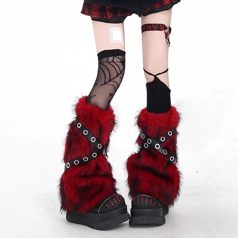 IMU Cybergoth Fuzzy Leg Warmers Punk Eyelets Belt Faux Fur Boots Cover Winter Socks Women Concert Festival Cosplay Costume