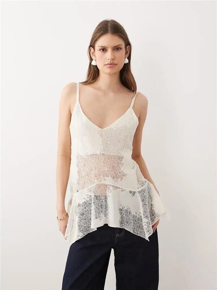 Irregular Lace Base Shirt Mid-Length Holiday Top with Lace Trim Hollow out Design for City Walk Batwing Sleeve Polyester Fabric