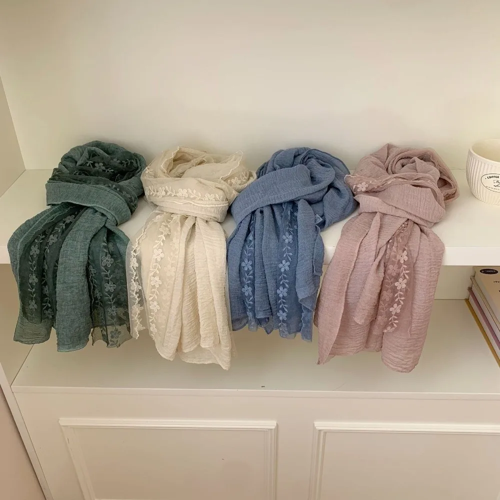 Fashion Cotton Linen Lace Patchwork Scarf Solid Color Thin Thin Gauze Scarf Long Breathable Shawl and Wrap for Women