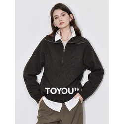 TOYOUTH Women Knitted Sweater 2024 Autumn New Maillard Style Coffee Zipper POLO Collar Pullover Sweater