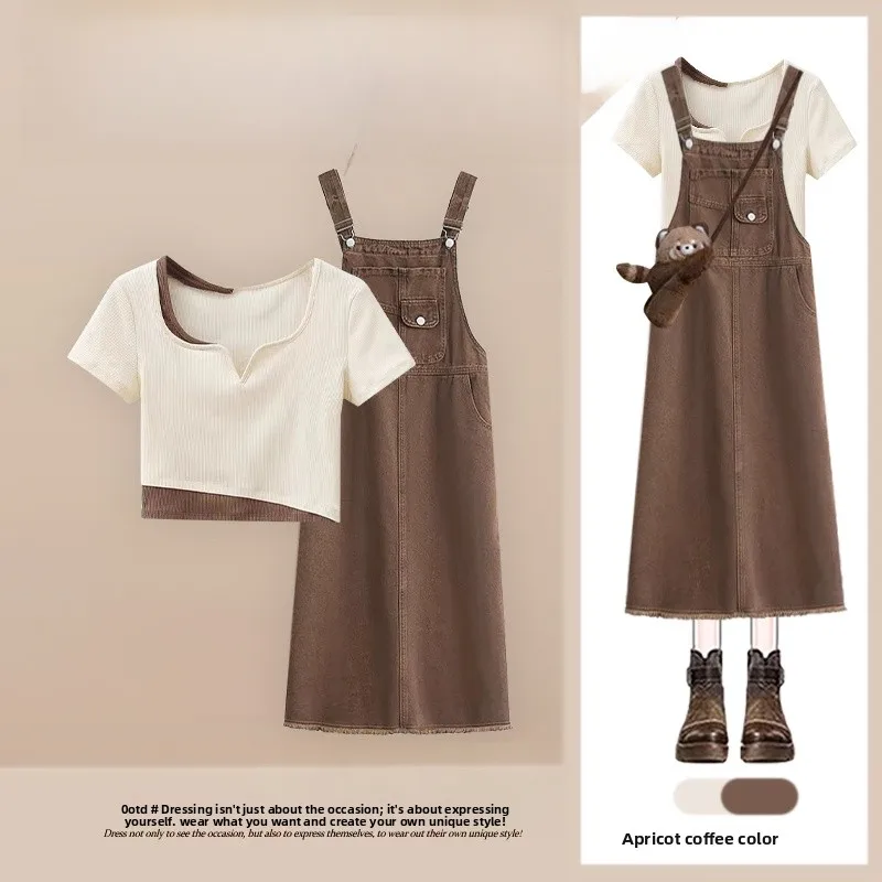 

Summer Outfit Women's plus Size Ice Silk ort Sve Top And Denim Overalls Two-Piece Set Faionable Hong Kong Sle Slimming