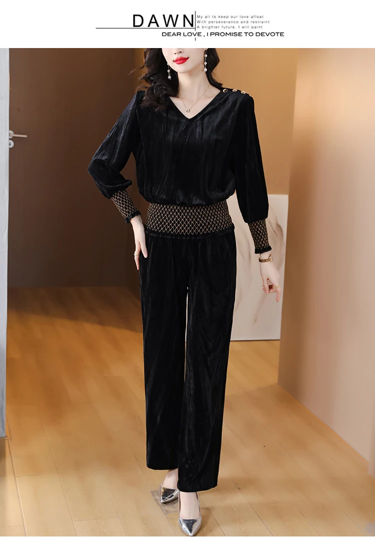 2023 New Fashion Golden Velvet Dress Women\'s Autumn Versatile Full Sleeve Loose Fit Casual Holiday Suit Two-Pieces Pants suit