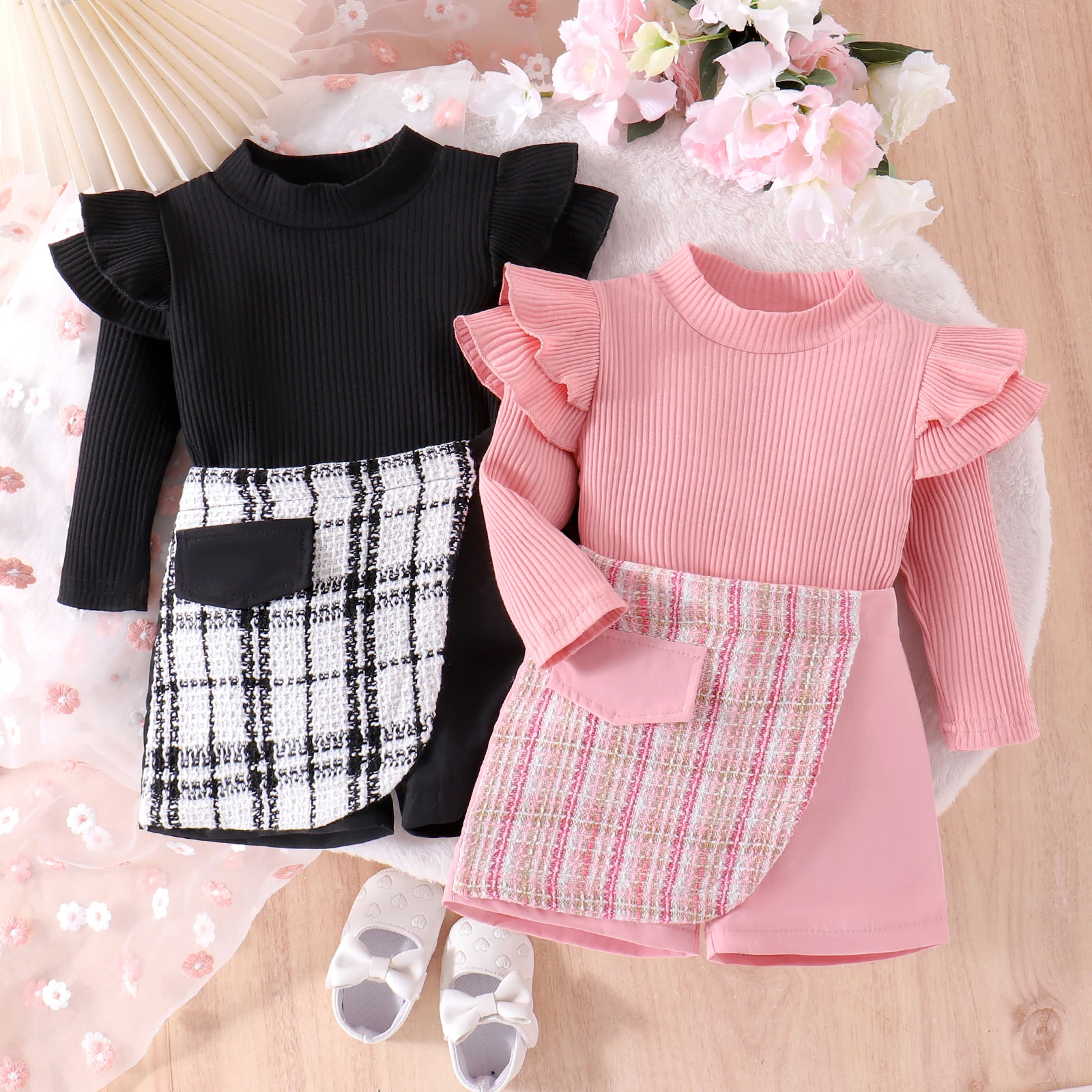 2PCS Autumn 1-4 Years Old Girls And Baby Fashionable High-Neck Pit Strip Top + Fashionable Spliced Pant-Skirt Suit