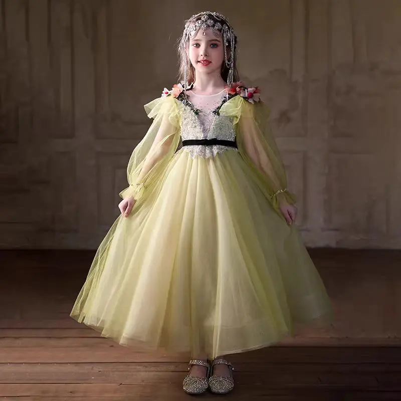 

Jill Wish Elegant Lemon Girl Dress Handmade Flowers Long Sleeve Princess Kids Wedding Birthday Party Long Pageant Gown J270