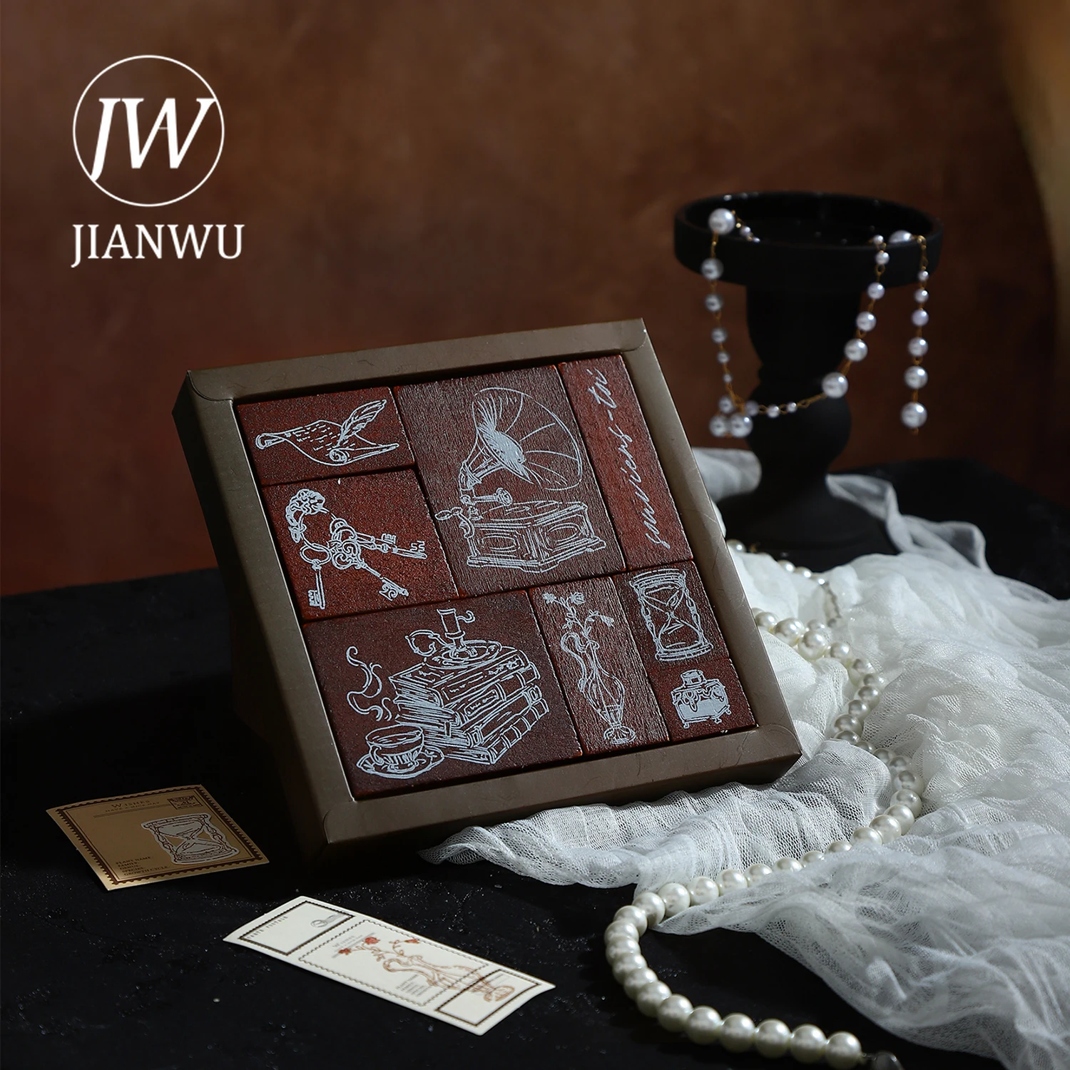 JIANWU الثمينة اليسار على سلسلة الورق ساعة خمر أريكة زهرة المشهد الكولاج ختم خشبي الإبداعية DIY مجلة القرطاسية #3