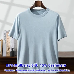 Men's Casual Top Advanced Silk Cashmere T-Shirt Summer Absorb Sweat Breathable Knitted Short Sleeve Solid Color Soft Pullovers
