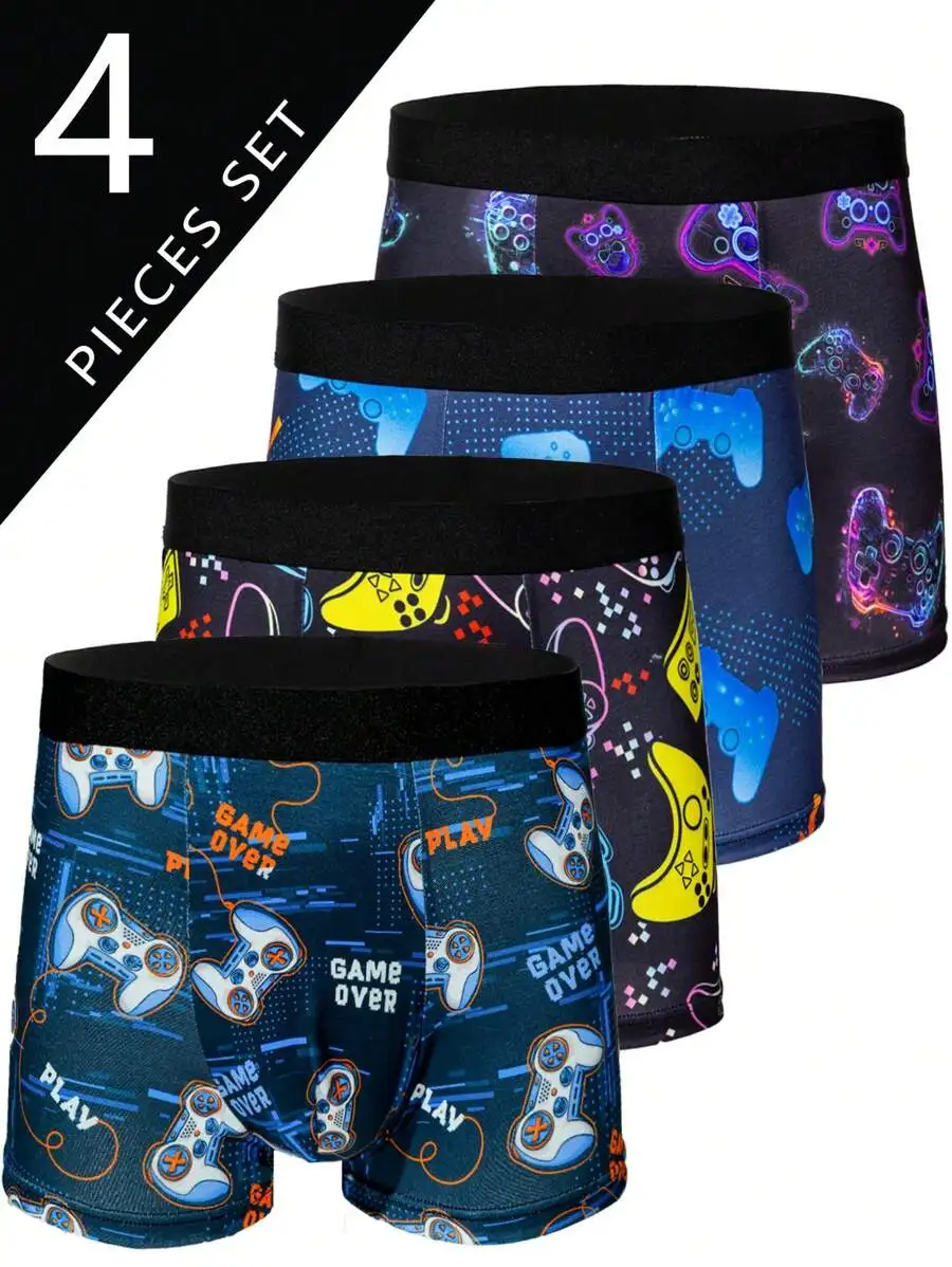 

4pcs Mens Gamer Print Boxer Shorts Comfortable Mid-Rise Elastic Underwear