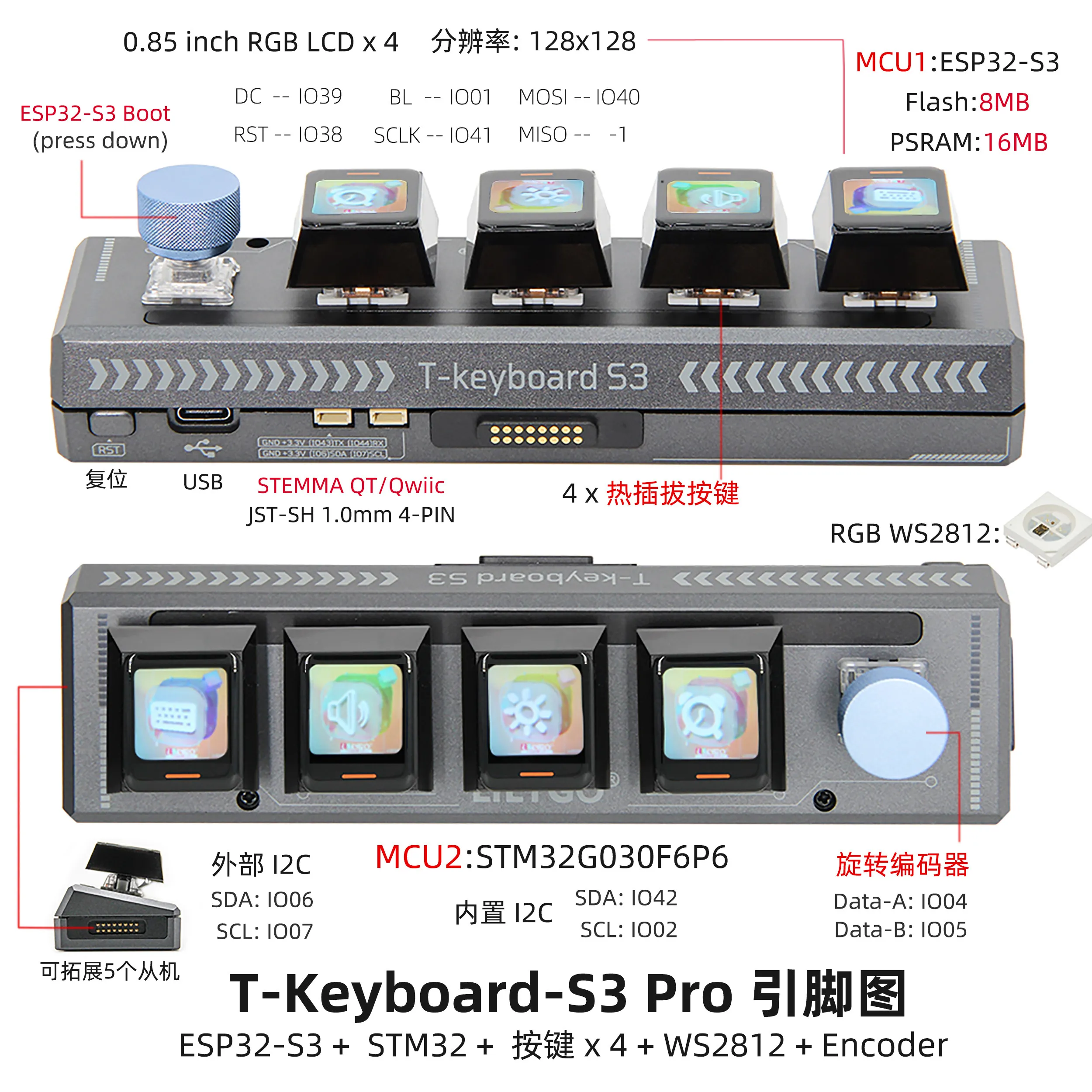 LILYGO T-Keyboard-S3-Pro ESP32-S3 Keyboard Development Board STM32 Encoder Module