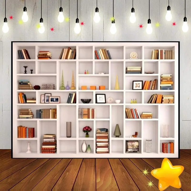 Bookshelf Backdrop Photo Background High-Definition Custom Birthday Artistic Photography Backdrops Diverse White Exquisite Party