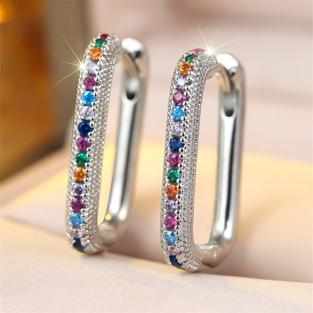 Single Row Small Round Stone Rainbow Hoop Earrings For Women Vintage Gold Silver Color Ear Buckle Wedding Jewelry Valentine Gift - view 2