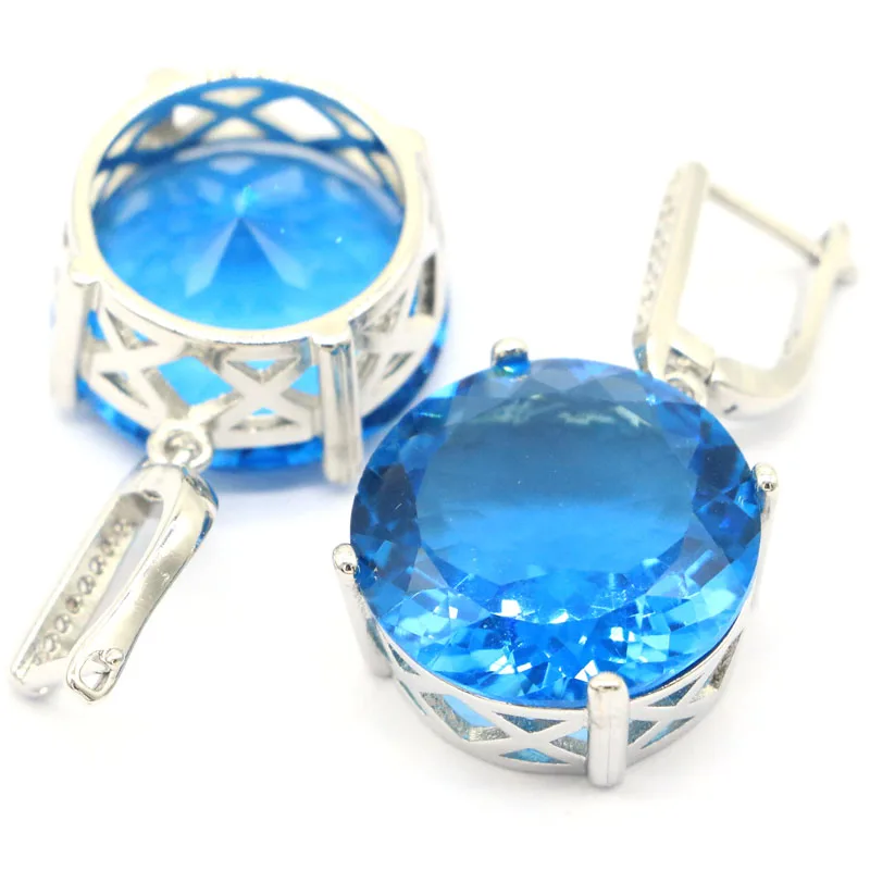 35x20mm Big Round Gemstone 16g Orange Spessartine Garnet London Blue Topaz CZ Silver Earrings