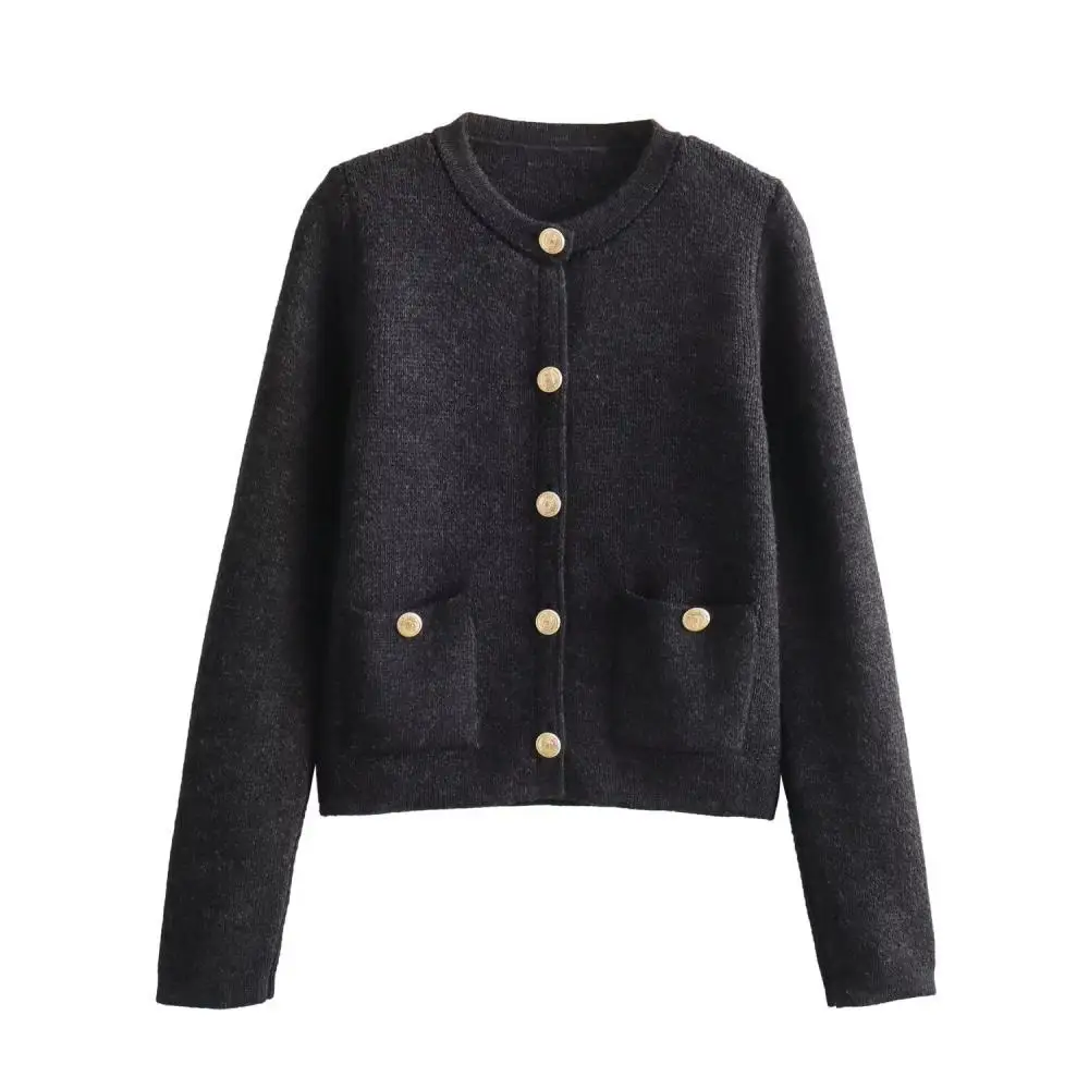 Button-Up Knit Coats Fashion All-Match Crew Neck Top Street Hipster Pocket Shirt Solid Color Casual Cardigan Commuter Coat