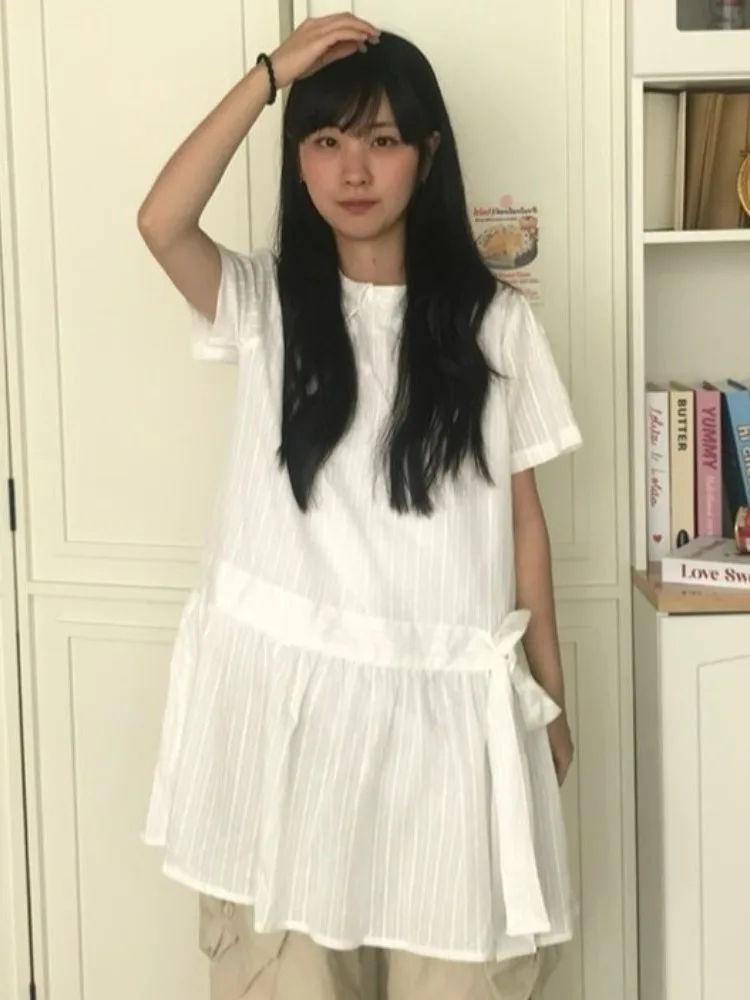 Summer Vintage Japanese Doll Collar  Knot Loose Short Sleeve Plaid Dress Women's Clothing Spring Autumn Winter
