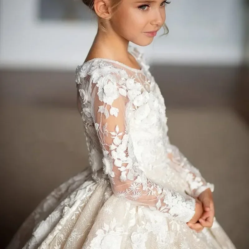 Abiti da ragazza di fiori in pizzo con scollo a O lungo fino al pavimento A-LINE Princess Pageant Kids Girl Wedding Birthday Party Abito da prima comunione