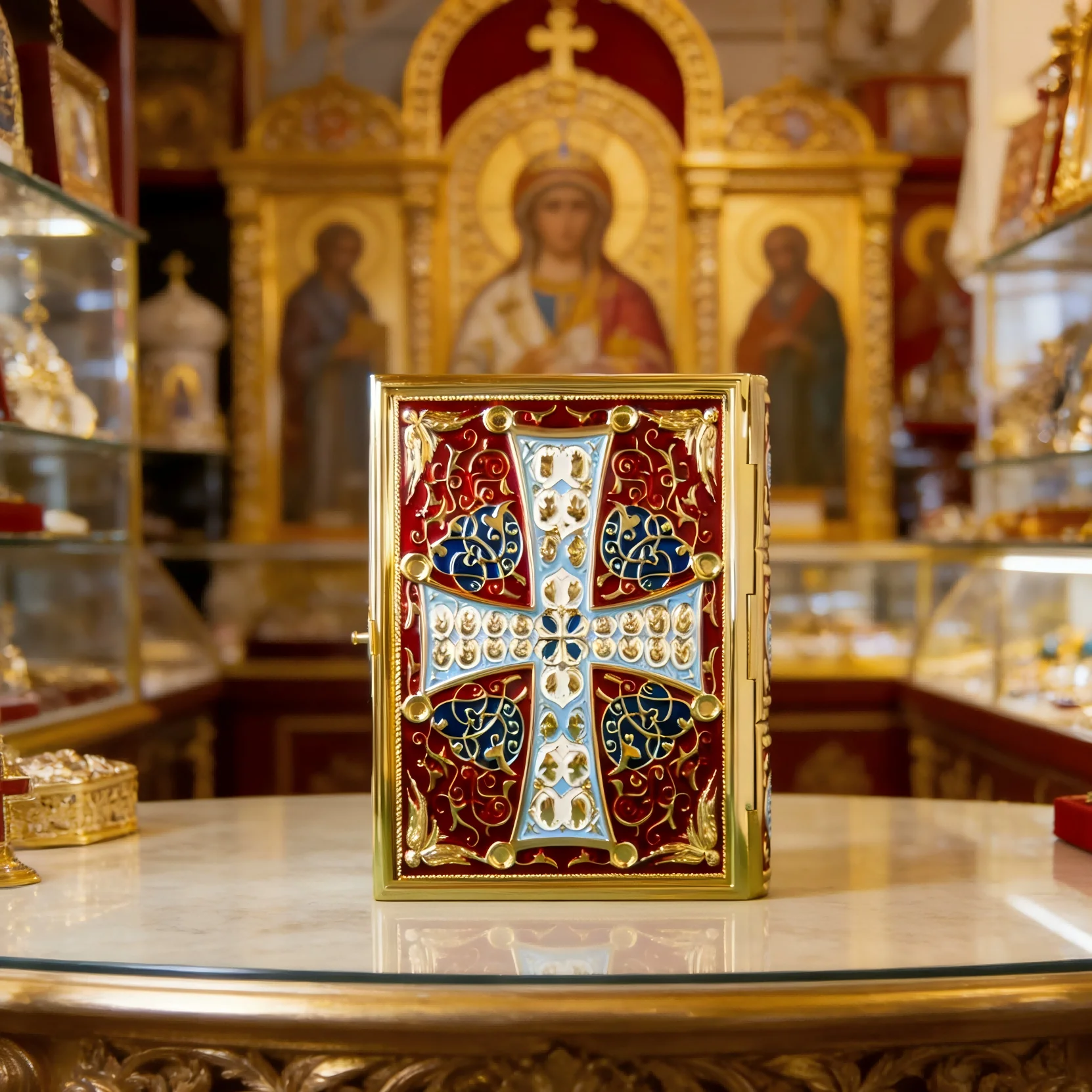 Gold Plated Catholic Orthodox Gospel Book Cover with Enamel Cross for Church Liturgy Home Altar Prayer Devotion Christian Gift