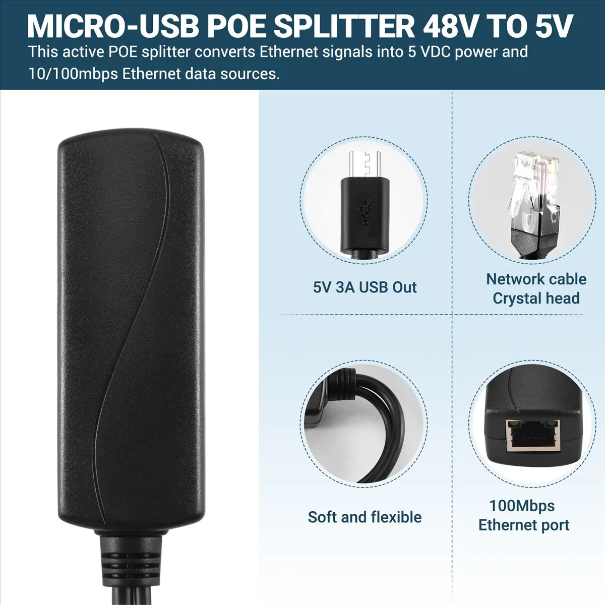 High-quality PC accessories in Stock Micro-USB POE Splitter 48V to 5V2A/3A Mini USB Power Supply Standard