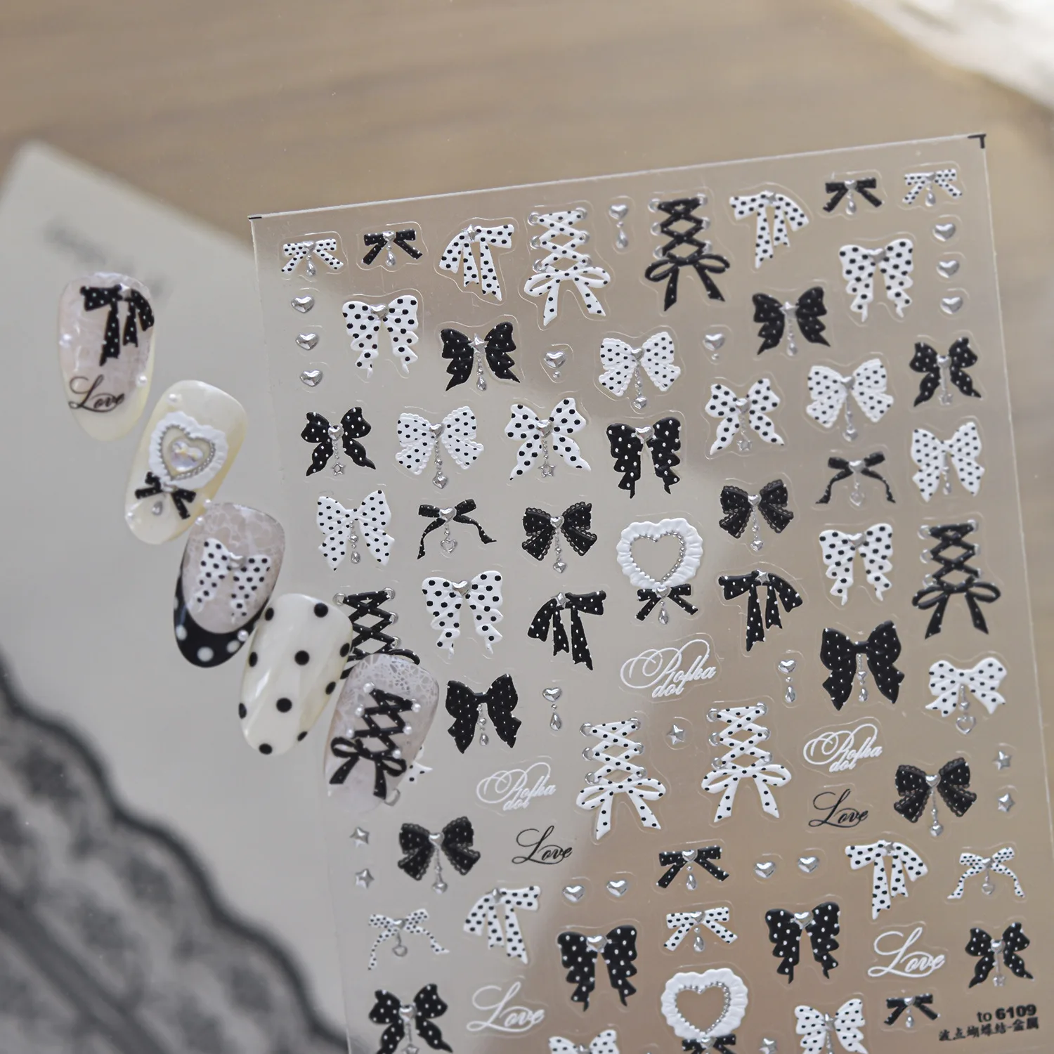 Cute Ballet 5D Decals Black White Polka Dot Ribbon Bow‑knot Dolka Love Self‑Adhesive Nail Stickers Sweet Nail Decor For Women