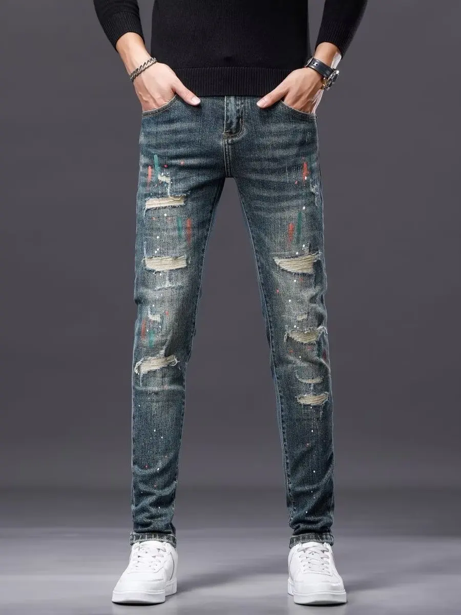 

Slim Fit Men's Denim Jeans Autumn Winter Faion Brand Elastic Patchwork Hole Design Wear Resistant Slimming Long Trousers