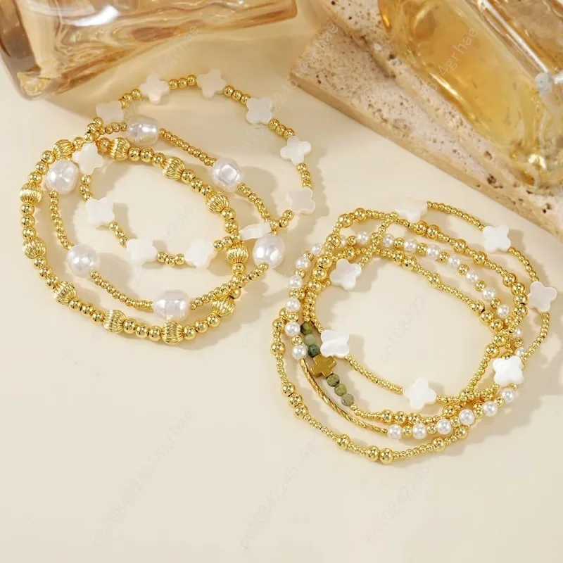 Dainty Cross Clover Gold Beaded Pearl Bracelet Stack for Women,Handmade Boho Gold Plated Beads Stretch Stackable Bracelets Fashi