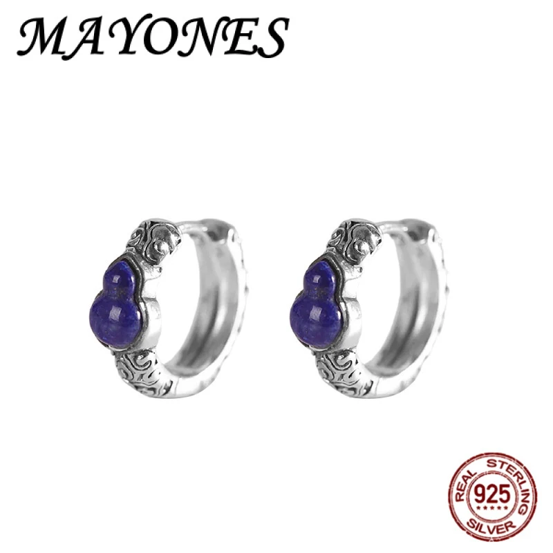 

Natural Lapis Lazuli S925 Silver Retro Auspicious Cloud Pattern Gourd Ring Hoop Earrings Women's Blue Jewelry Gift