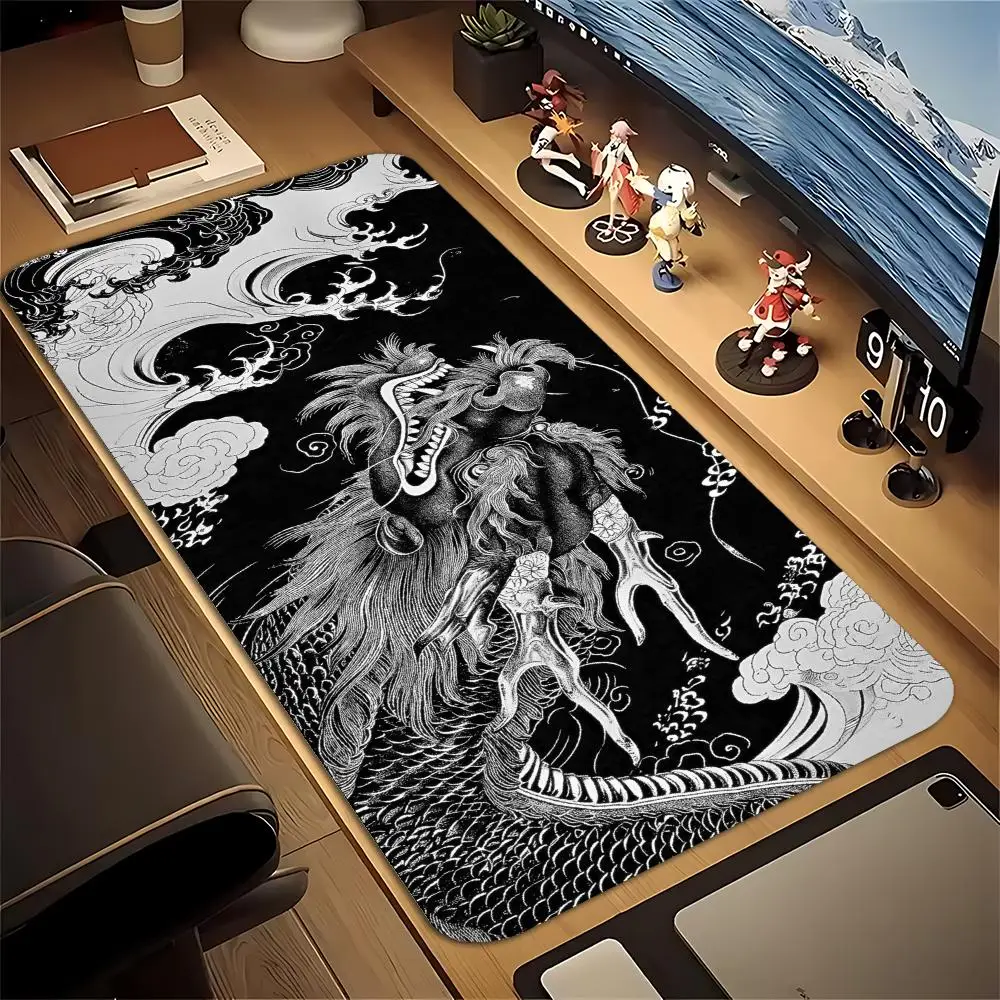 Chinese Style Black White Dragon Wave Large Desk Pad Traditional Ukiyo-e Dragon Gaming Mouse Pad Stitched Edge Laptop Tablet Mat
