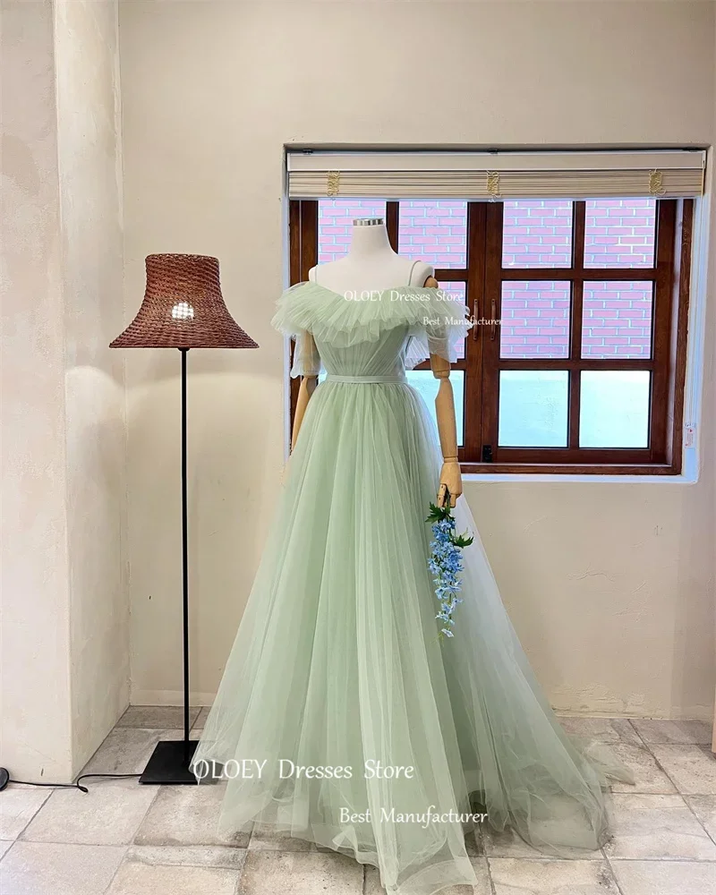 OLOEY Fairy Tulle Green Korea Wedding Party Dress Photo shoot Sleeves Tulle Prom Evening Gowns Bridal Dress Lace Up Back