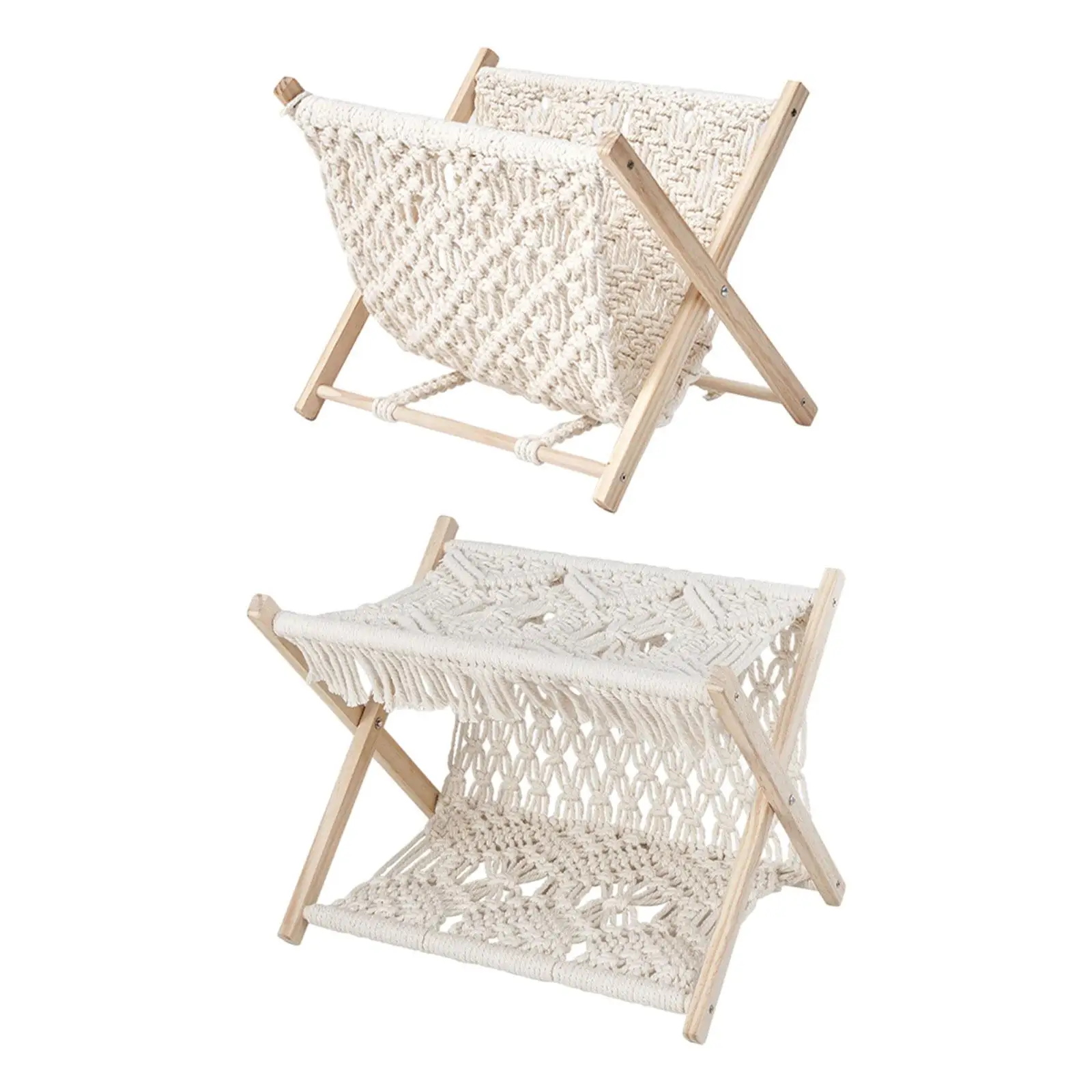 Macrame Magazine Rack Boho Storage Holder Foldable Organizer Rustic Book Display Stand for Bedroom Bathroom Dorm Essentials