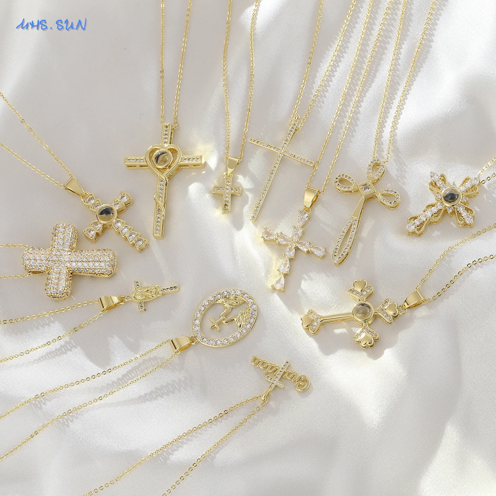 MHS.SUN 16 Styles Luxury Zircon Cross Pendant Necklace Fashion Unique Design Women 2025 New Gold Color Religious Jewelry Gifts