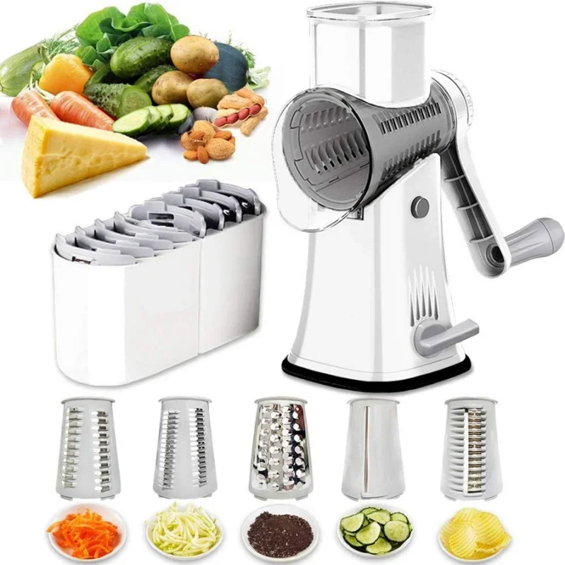 

Rotary Cheese Grater Shredder 5-in-1 Tumbling Box Mandoline Vegetable Julienne Slicer Waffle Cutter Nut Chopper, White ,Gree