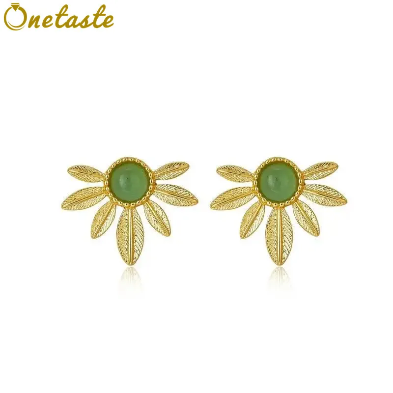 925 Sterling Silver Gold Plated Green Aventurine Dainty Flower Stud Earrings Clearance Limited Stock First Come First Get