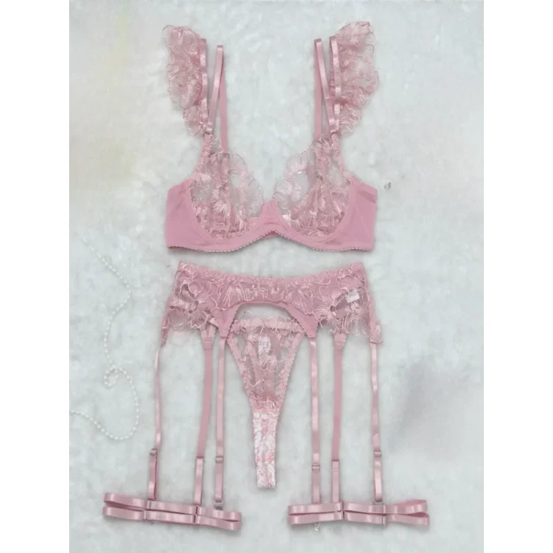 Bikini sexy lingerie with intricate embroidery, sheer mesh, and underwire bra4Set
