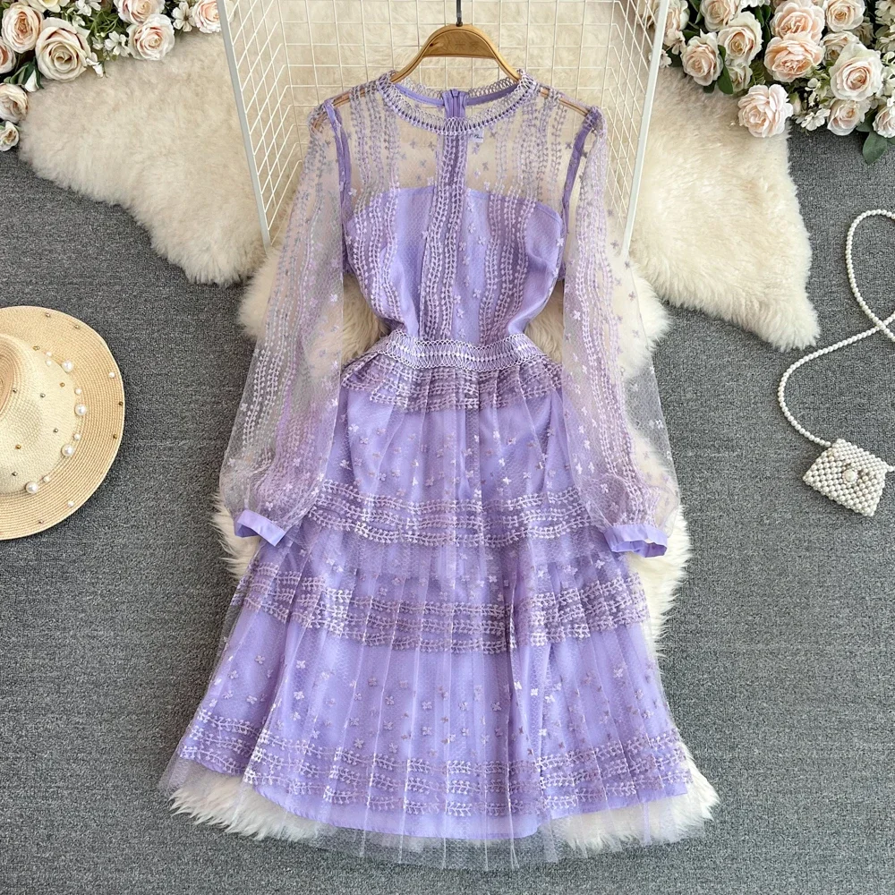 New Purple Lace Women's Dress Vintage Spring High Waisted Party Bodycon Dresses Lady Long Sleeve Clothing Woman Summer