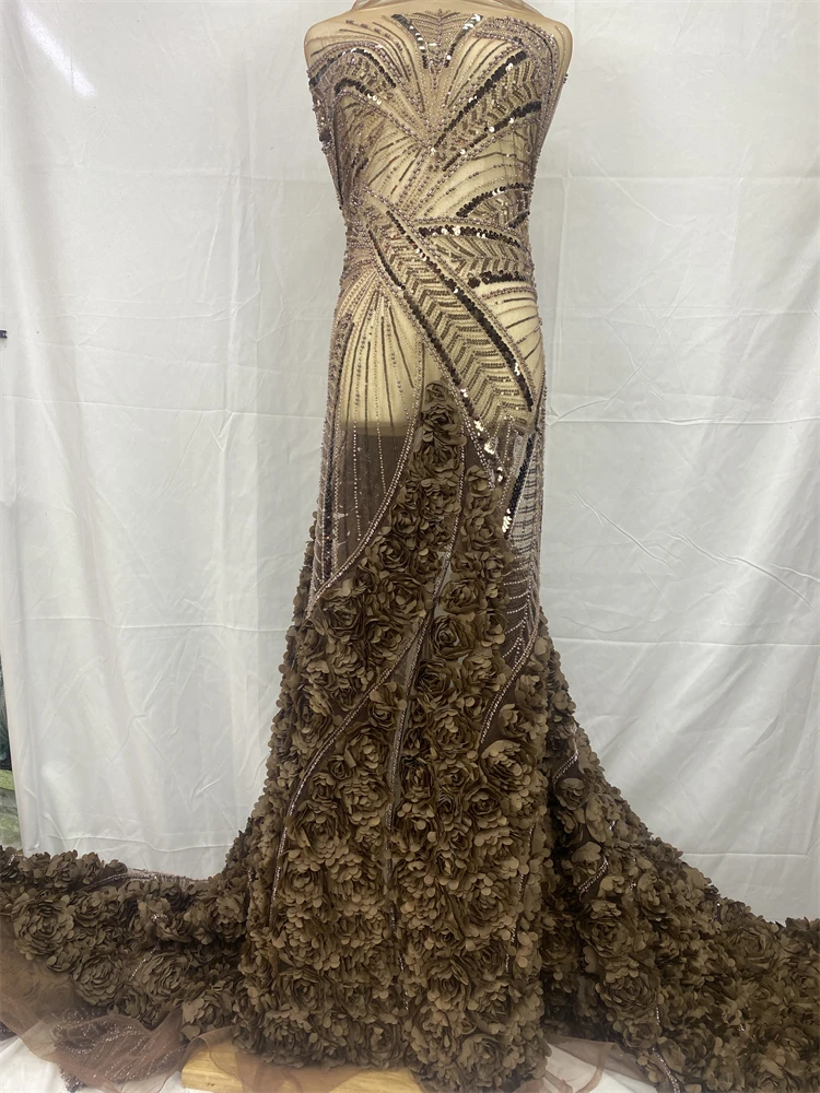 럭셔리 3D 꽃 레이스 원단 최신 스팽글 Tulle 레이스 원단 드레스 봉제를위한 수 놓은 Applique 나이지리아 비즈 원단