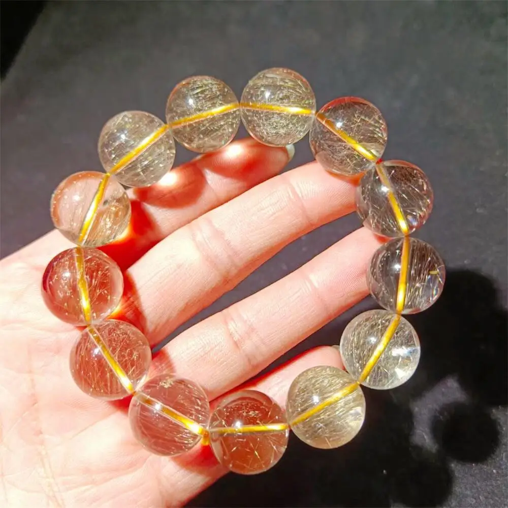 16MM Natural Gold Rutilated Quartz Bracelet Women Trendy Reiki Healing Elastic Yoga Energy Wristband Jewelry Gift 1pcs