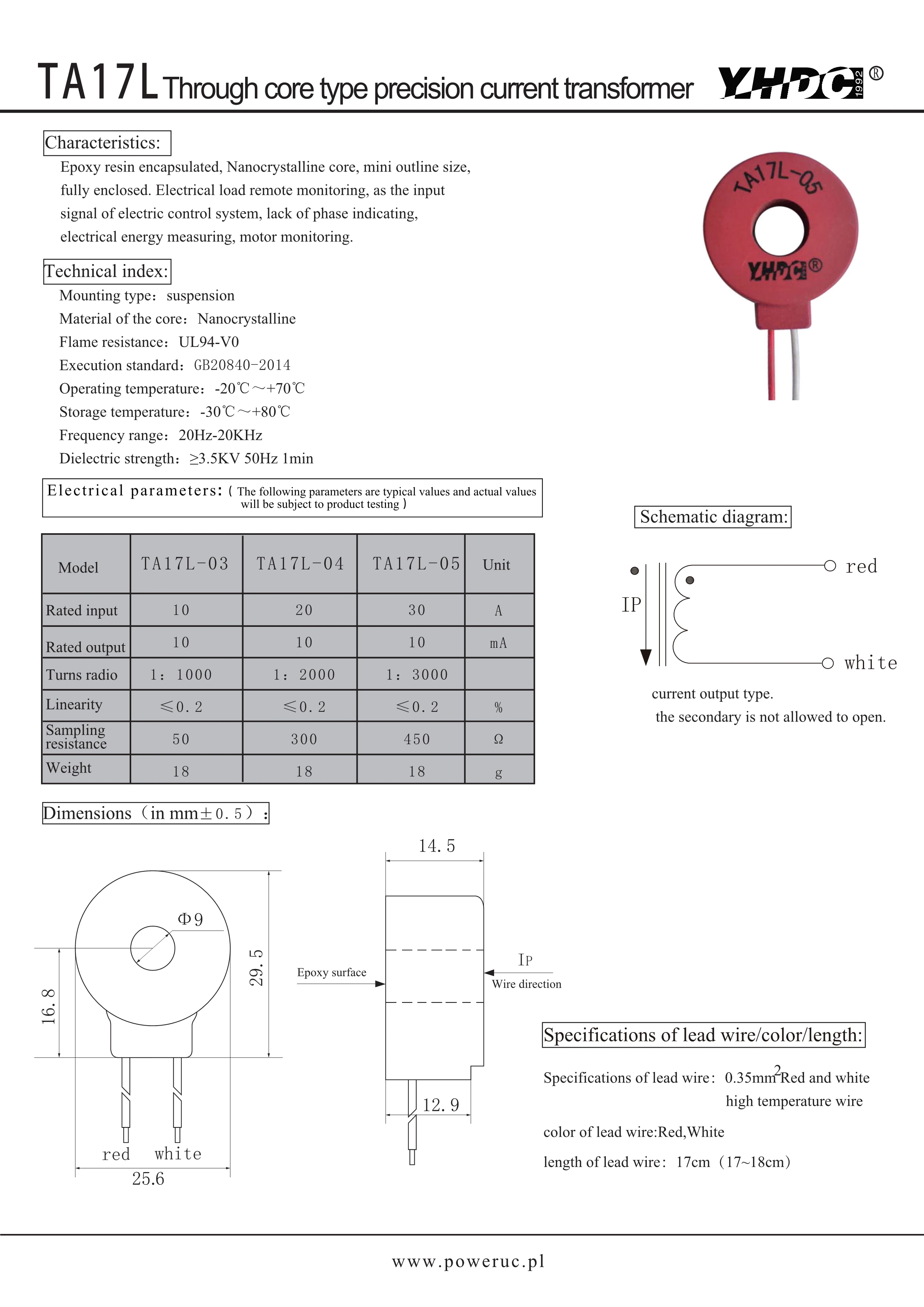 YHDC TA17L-03/04/05 Input 10A/20A/30A Output 10mA Through Core Type Cable Precision Current Transformer