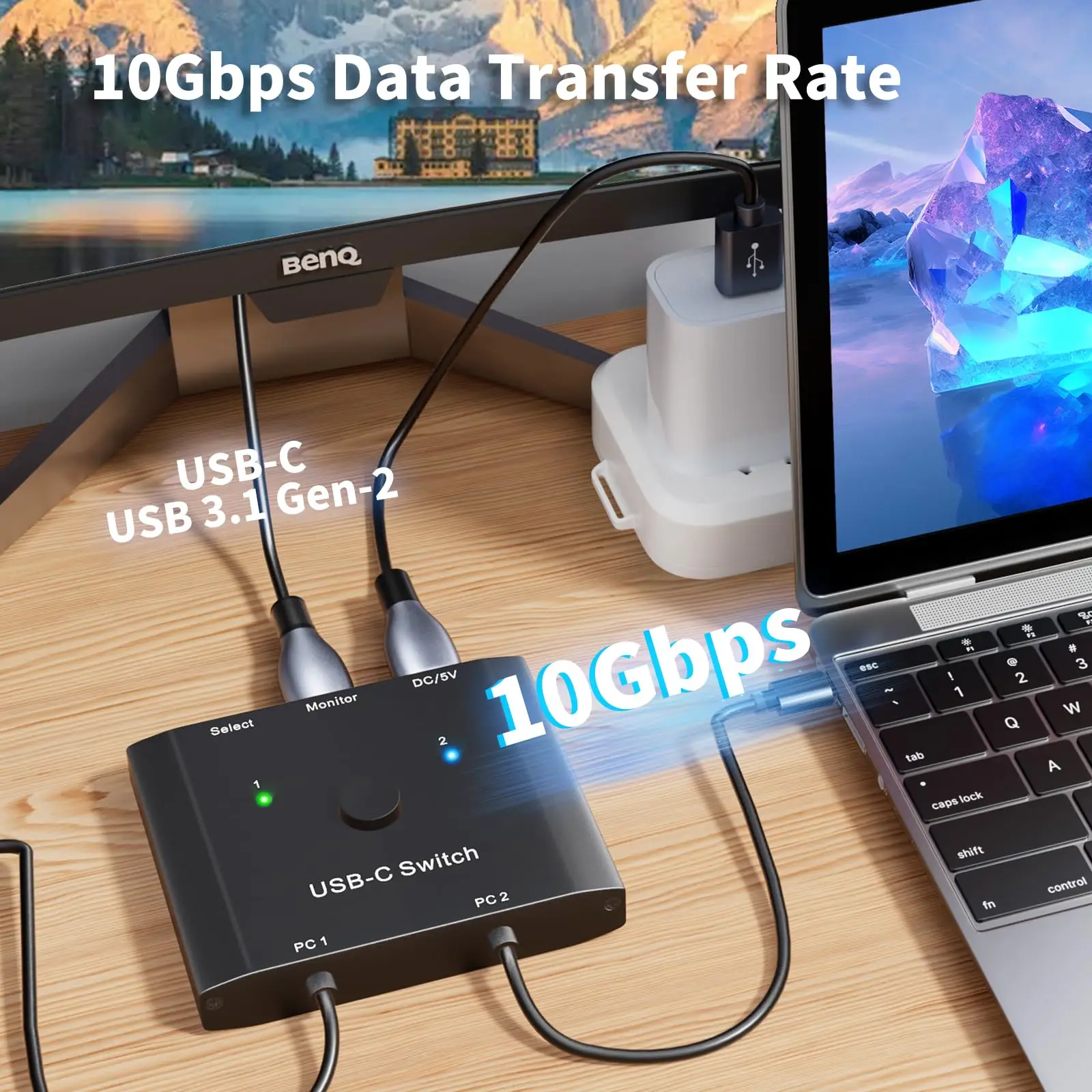 محول USB C 2 كمبيوتر، مفتاح KCEVE ثنائي الاتجاه USB من النوع C KVM 8K@60 هرتز 4K@120 هرتز فيديو/10 جيجابت في الثانية نقل البيانات/100 وات شحن