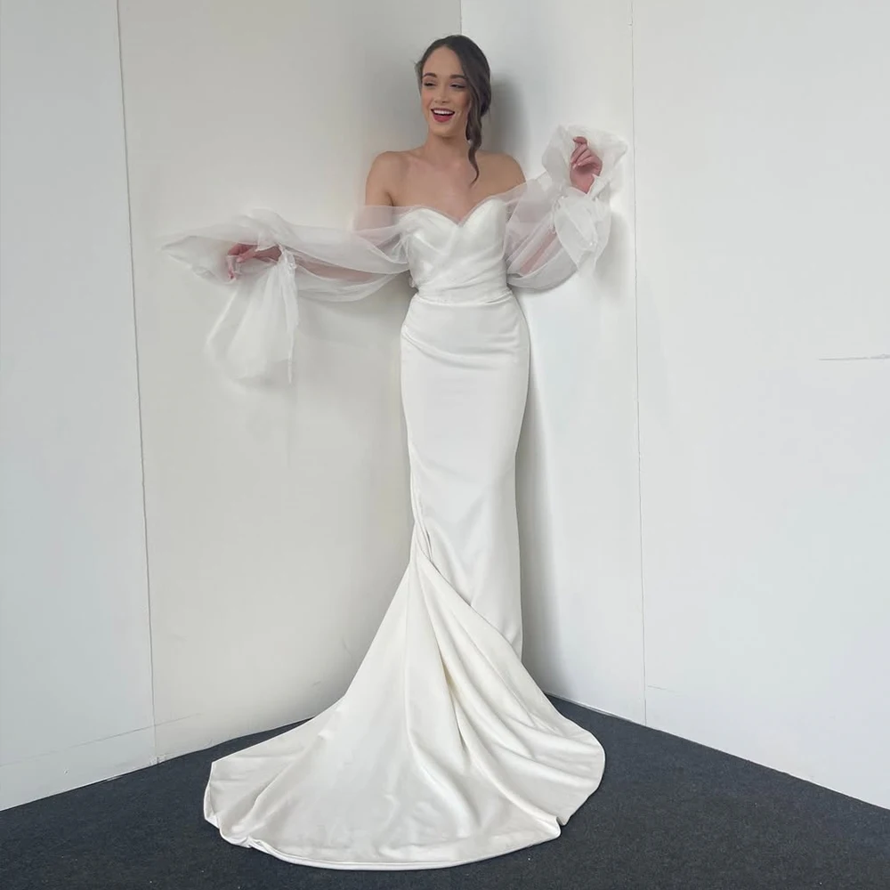 

Bowith Mermaid Wedding Dresses Sweetheart Collar Off the Shoulder Puff SLeeves Bridal Dresses Customized свадебное платье