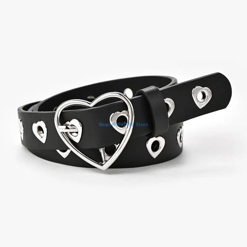 

N7YF Leather Buckle Belts Heart-shaped Hollow Belt Punk Waistband High Waist Belt Heart Buckle Belt for Dresses Jeans