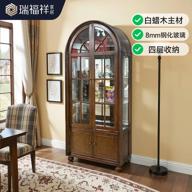 Ash wood American all-solid wood wine cabinet retro arched glass door dining side