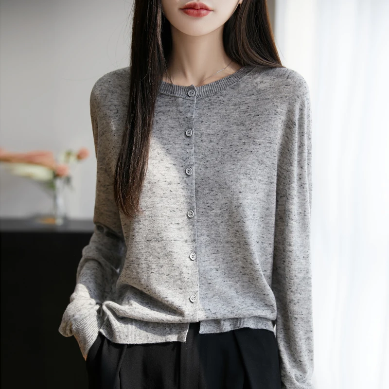 Wiosna Nowy wełniany kardigan z dzianiny damska Okrągły dekolt Luźna kurtka Moda Kolorowa przędza Sweter z długim rękawem Casualowy cienki płaszcz
