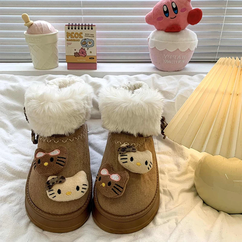 Hello Kitty Fur One-Piece Round Toe Cute and Plush Snow Boots for Women In Winter with Thick Bottom and Warm Cotton Shoes Gifts