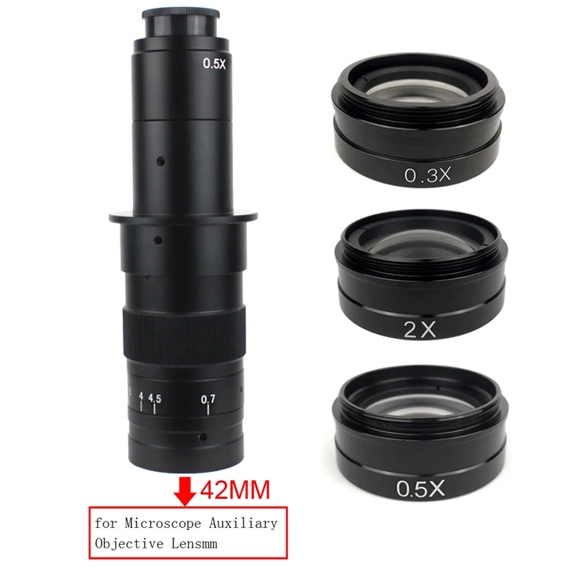 0.5X 2.0X 0.3X Barlow obiettivo ausiliario lente in vetro 42mm per 200X 180X 300X C MOUNT Lens Industry videocamera per microscopio