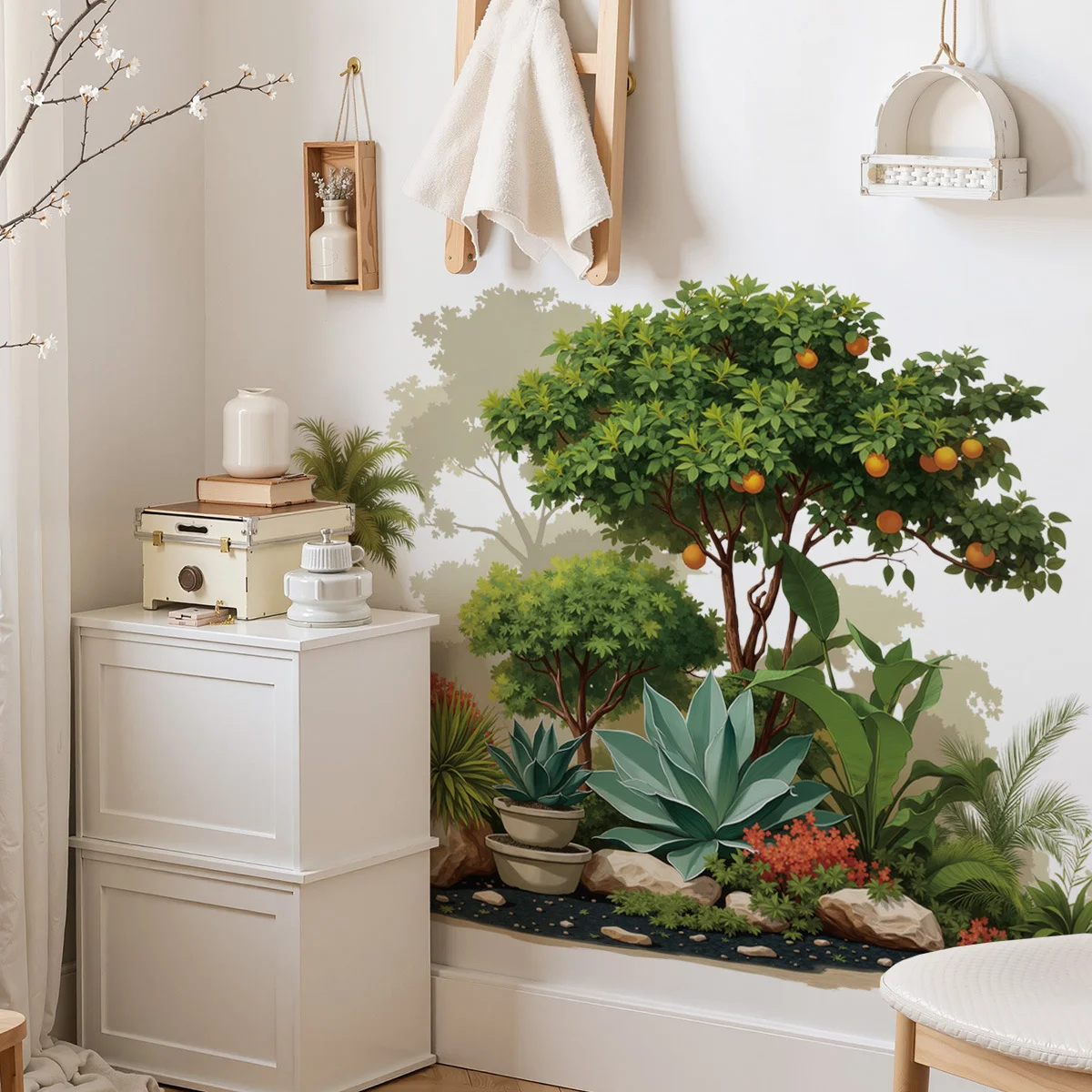 3D Shadow Tropical Orange Tree Wall Stickers, Agave Palm Stone Garden Living Room Baseboard Decor view 2