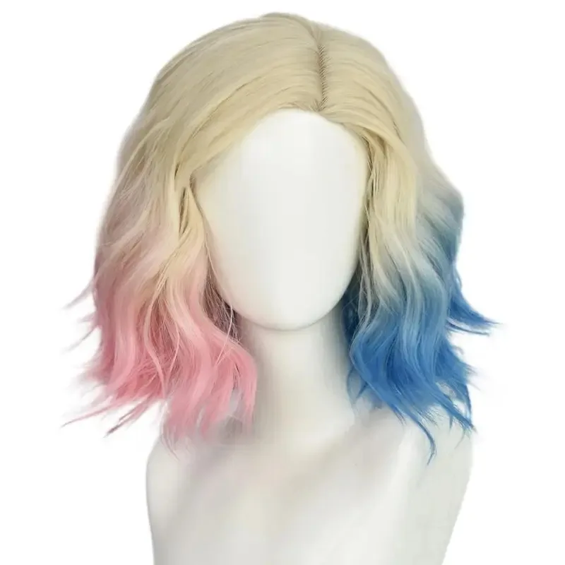 

Blue and Pink Cosplay Wig for Women Short Blonde with Pink and Blue Ombre Hair Short Synthetic Bob Wave Wig for Cosplay