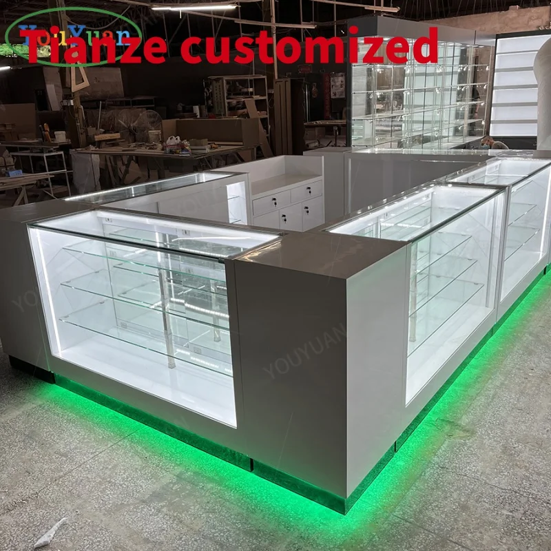 

(customized)Retail Kiosk Shopping Mall Dispensary Display With Mirror Backing Showcase Smoke Shop Stuff