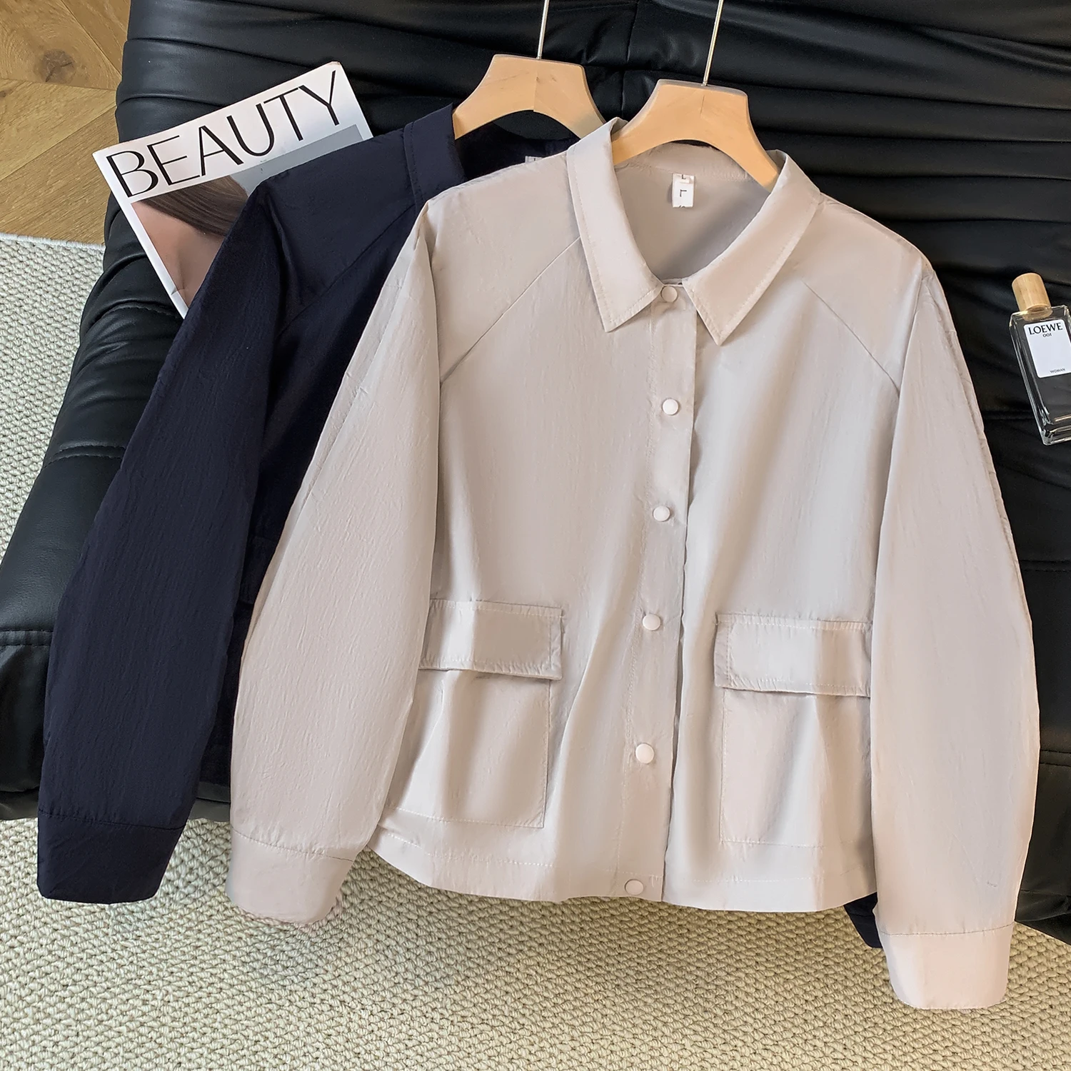 Spring Autumn Casual Outdoor Women's Jacket Black Tech Waterproof Cool Feeling Workwear Pocket Loose Collar Jacket