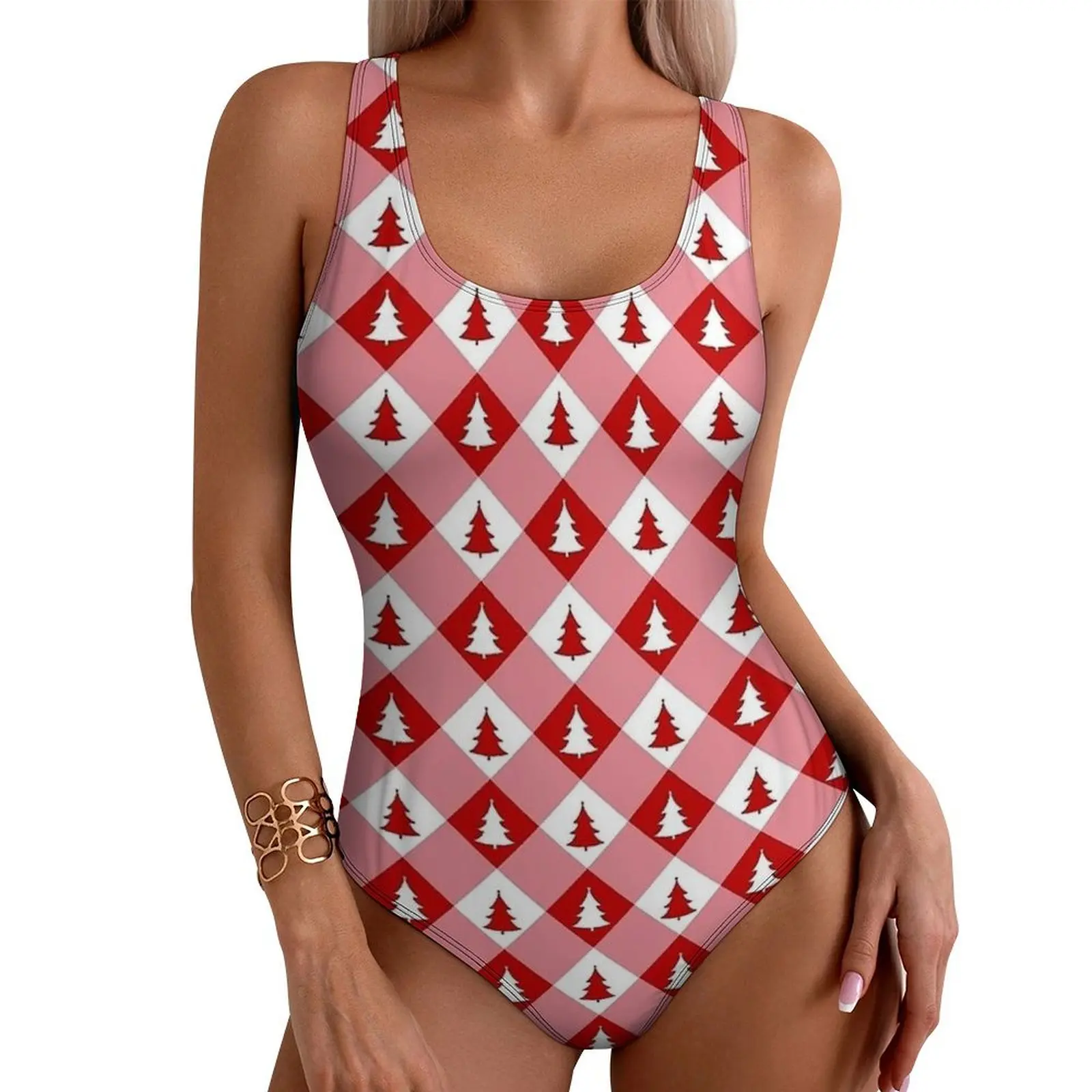 Christmas Tree Swimsuit White And Red Plaid Push Up Swimwear One-Piece Holiday Surf Bathing Suit Bodysuit Sexy Graphic Beachwear